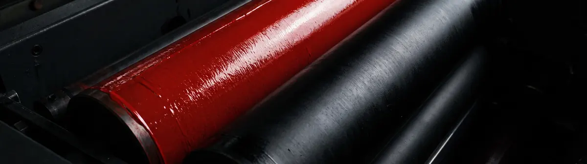 Los rodillos entintadores de una máquina de imprimir: uno cargado de tinta roja y el de al lado de tinta negra.